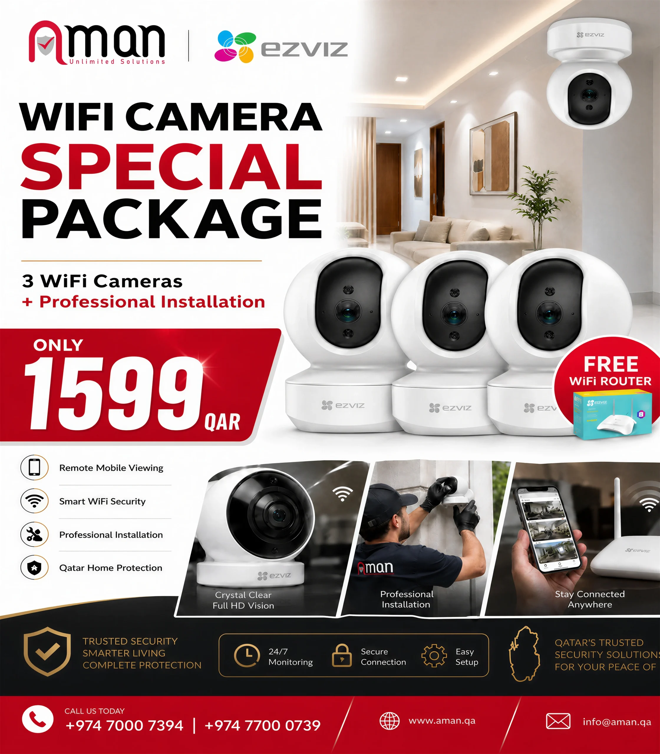 EZVIZ three Wi-Fi camera package with installation