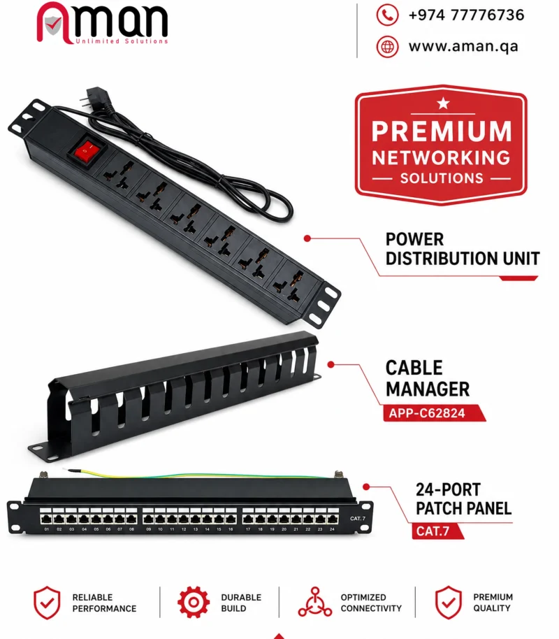 Premium Network Rack Accessories: PDU, Cable Manager & CAT.7 Patch Panel